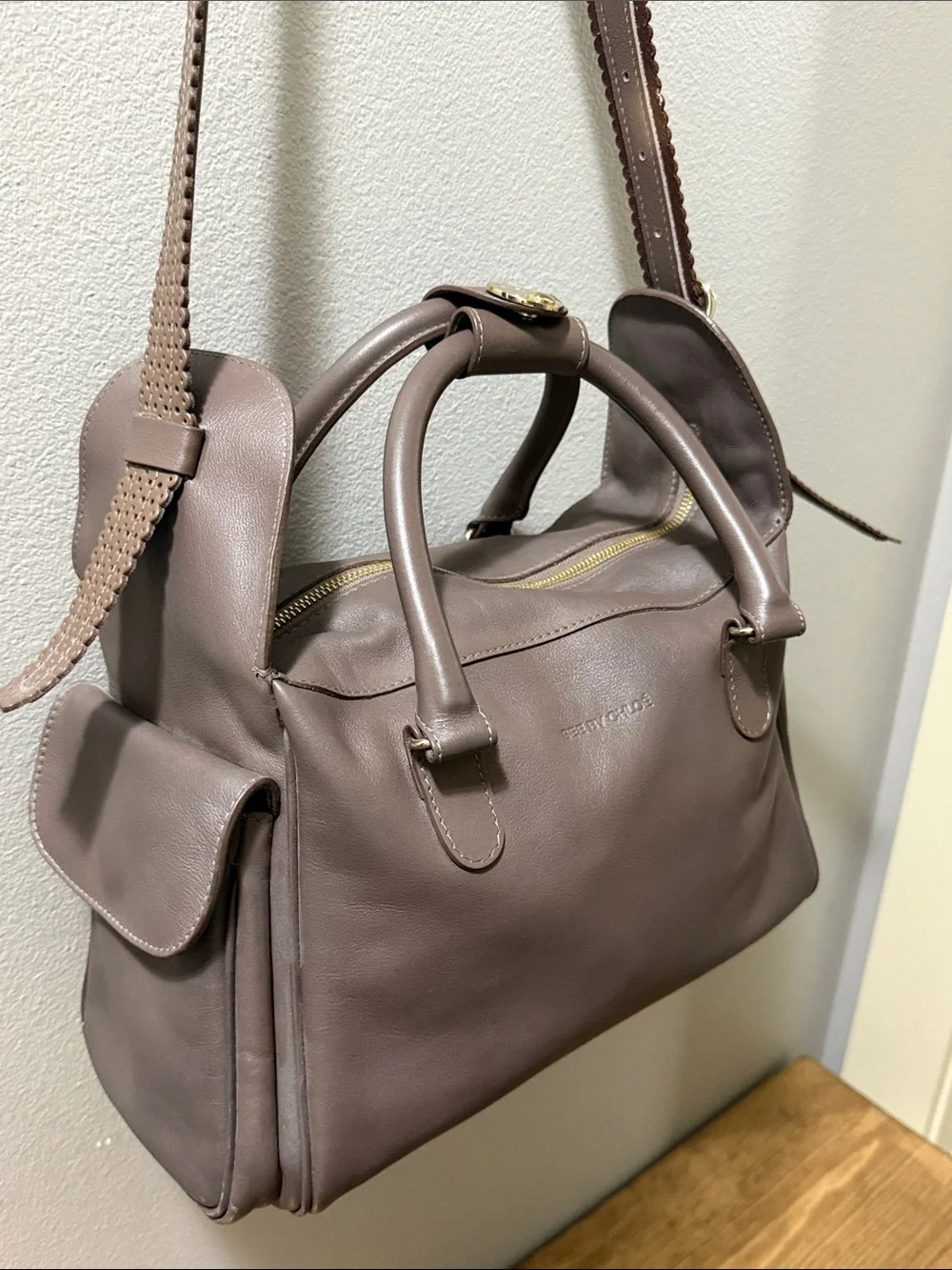 See By Chloe Taupe Leather Satchel with Perforated Strap